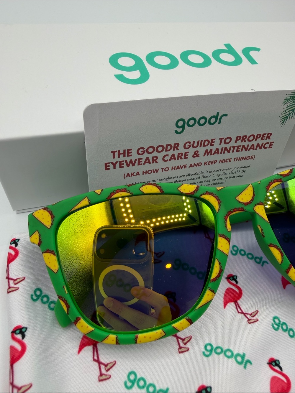 Goodr Green Tacos Print Sunglasses - Mirrored Yellow-Green Lens - Picture 4 of 4
